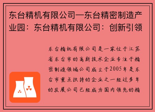 东台精机有限公司—东台精密制造产业园：东台精机有限公司：创新引领，精密制造
